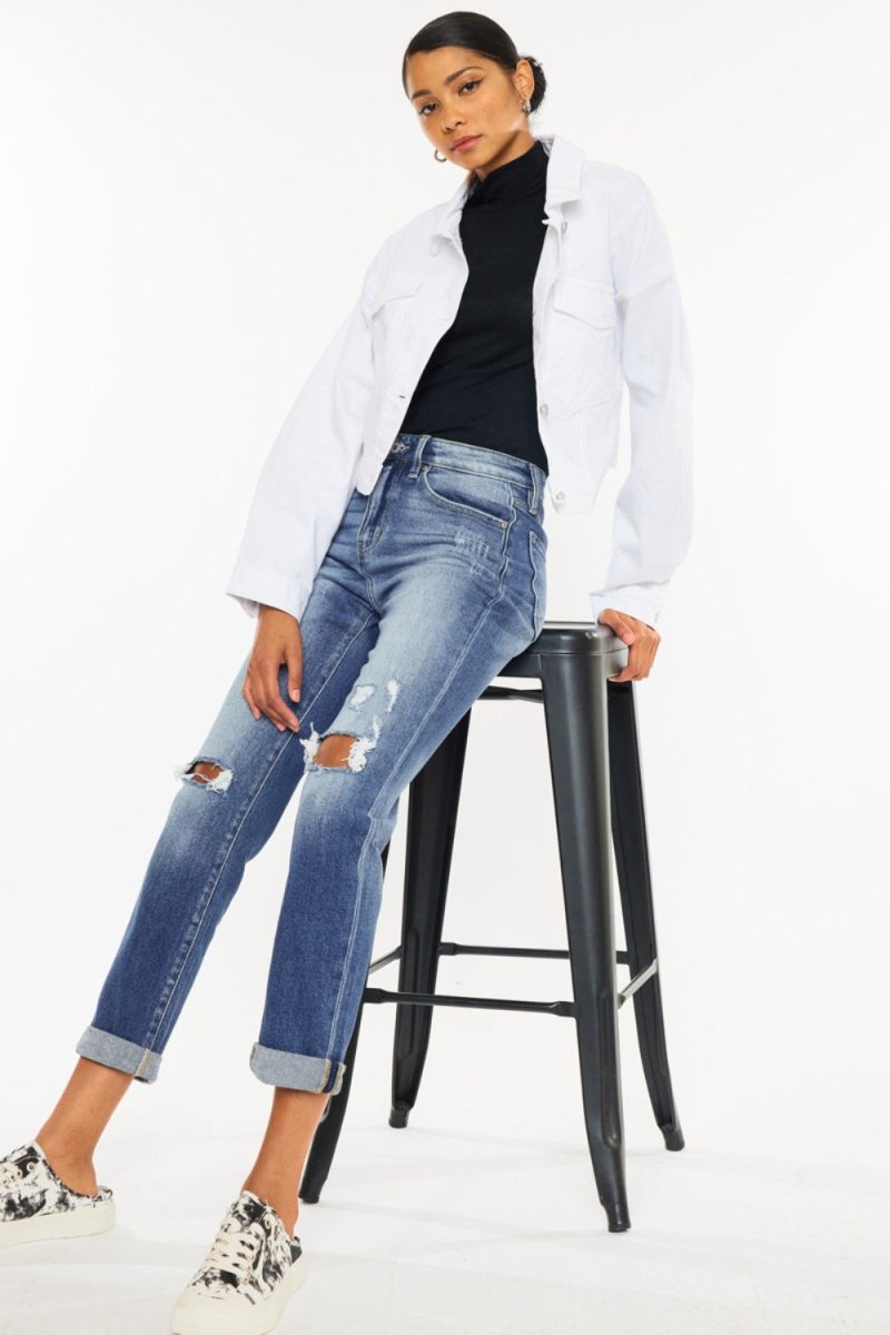 Kancan High Waist Distressed Hem Detail Cropped Straight Jeans - Bottoms Sale